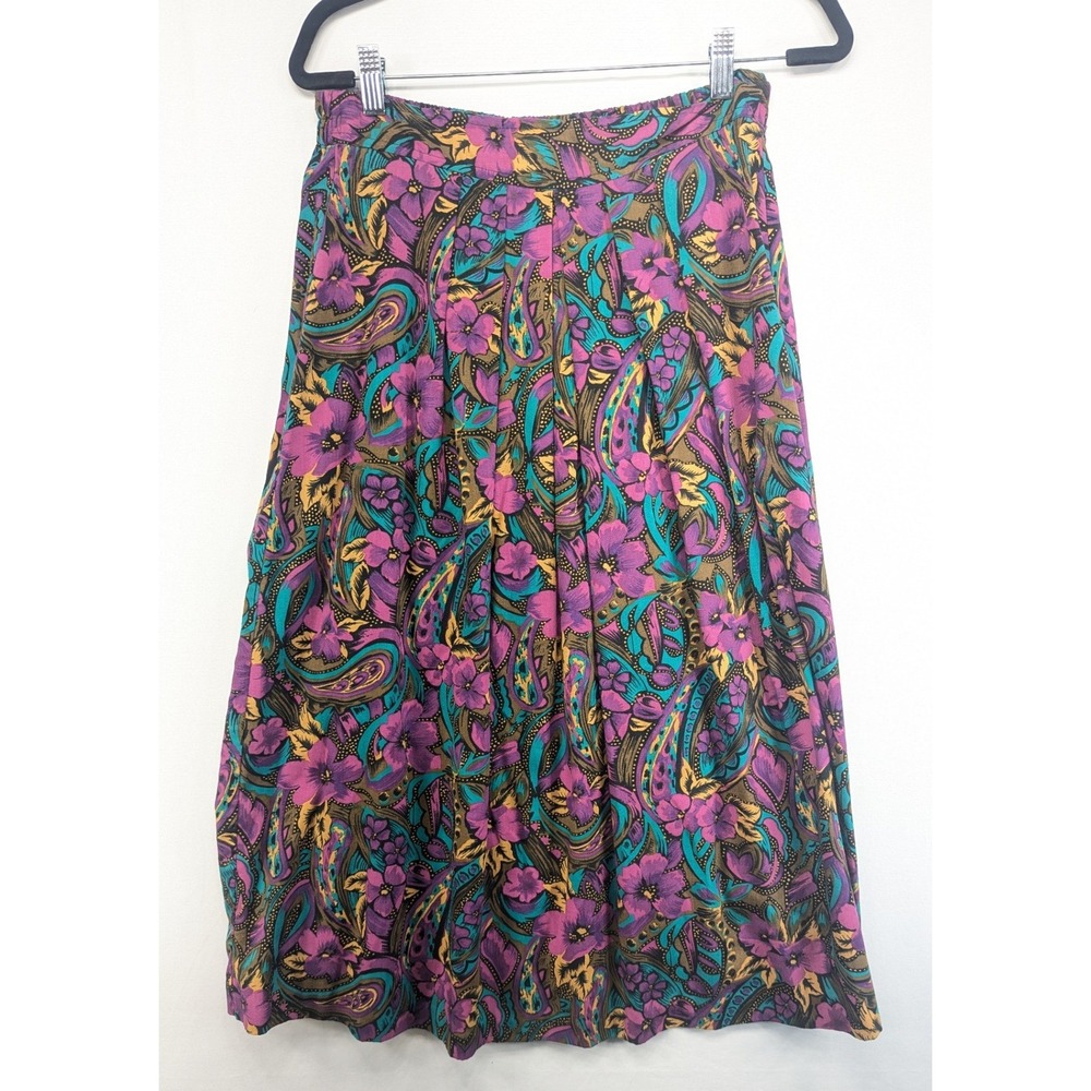 Vintage 80s Floral Paisley Midi Skirt Purple Teal High Waist Pleated Size‎ 11-12
